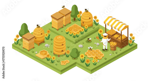 Isometric bee farm with beehives and honey stand in a lush garden sett