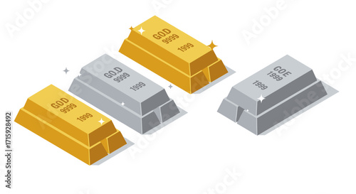 Shiny gold and silver bars with engraved details in isometric style