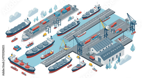 Isometric maritime port with cargo ships, cranes, and containers