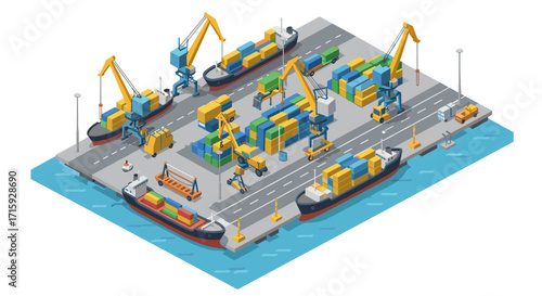 Isometric shipping port with containers and cranes in a busy harbor