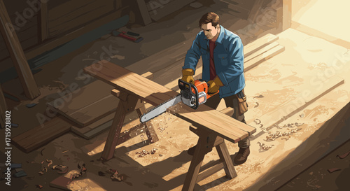 Carpenter using chainsaw in workshop with sunlight streaming through