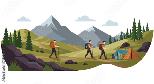 Adventurous hiking and camping scene in lush mountain landscape