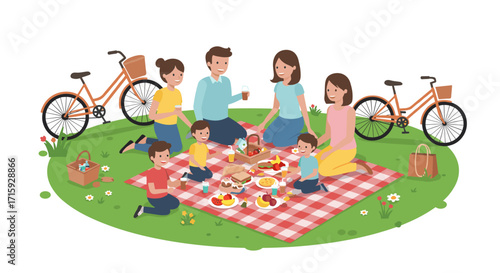 Family enjoying picnic on a sunny day with bicycles