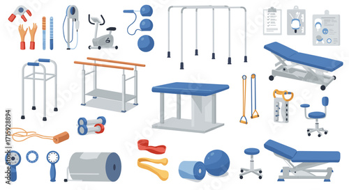 Modern gym equipment collection for physical therapy and fitness centers
