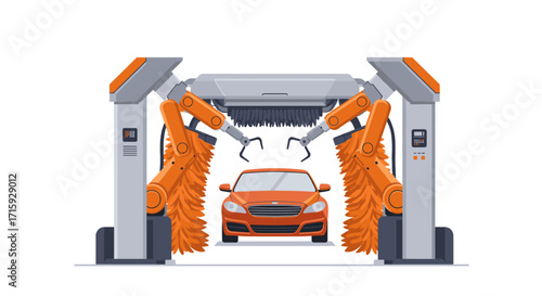 Automated car wash system with robotic arms and orange sedan