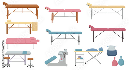 Variety of massage tables and spa equipment in soft pastel colors