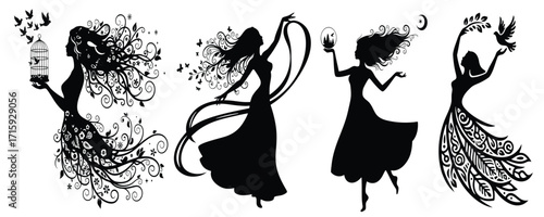 Creative Female Silhouette Artistic Design, high resolution vector set of four symbolic women with nature freedom dance culture and beauty elements perfect for poster illustration and decorative art