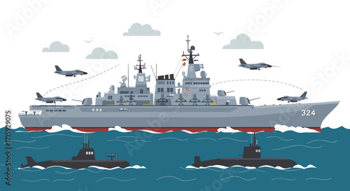 Modern naval fleet with aircraft carrier, fighter jets, and submarines