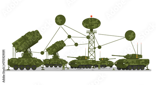 Military equipment control center with armored vehicles and missile launchers in flat design