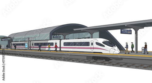 Modern train station with passengers and high-speed train in a flat design