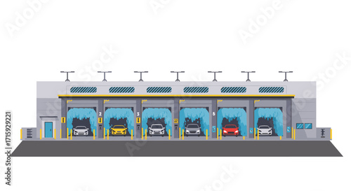 Modern car wash facility with rolling brushes and clean vehicles