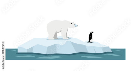 Polar bear and penguin encounter on iceberg in minimalist arctic scene