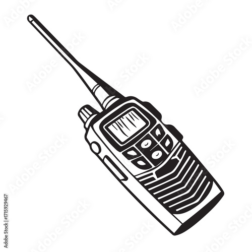 Detailed illustration of a walkietalkie isolated on white background, showcasing its features and design, suitable for communication, security, and emergencyrelated projects