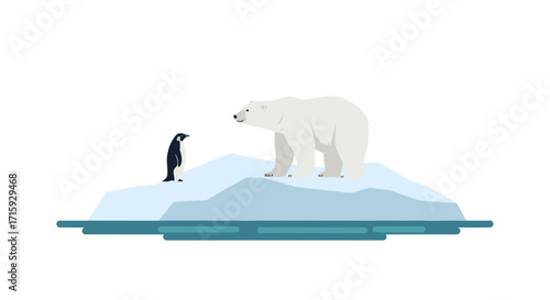 Polar bear and penguin on iceberg: a flat style wildlife encounter