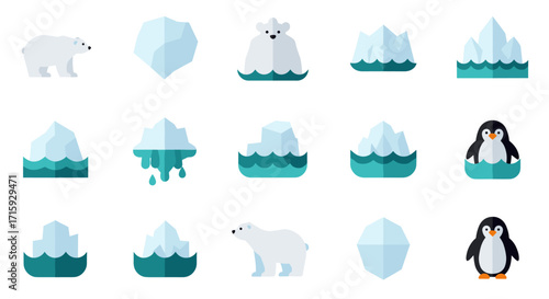 Arctic animals and icebergs set in flat style with polar bears and penguins