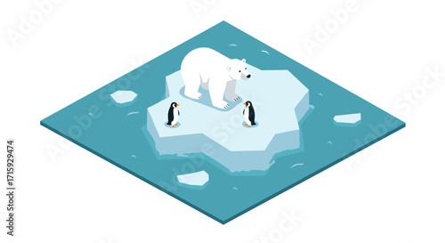 Isometric polar bear and penguins on arctic ice floe in minimalist style