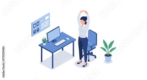 Isometric design of woman stretching at office desk with computer and plant