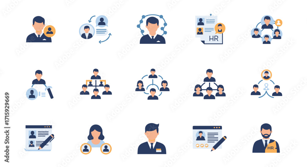 Fototapeta premium Human resources icons featuring diverse professional avatars and interconnected teamwork elements
