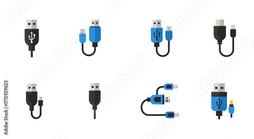 Set of usb and micro usb plug designs in flat style