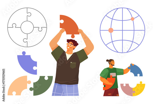 Individuals assembling puzzle pieces with focus on teamwork, problem-solving, and global cooperation. Ideal for teamwork, problem-solving, creativity, collaboration, global connectivity, innovation
