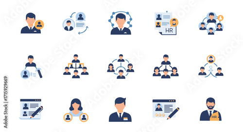 Human resources icons featuring diverse professional avatars and interconnected teamwork elements