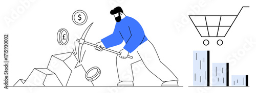 Male figure using pickaxe to extract coins, charts symbolizing growth, shopping cart representing commerce. Ideal for finance, investment, e-commerce, data analysis, economic growth, cryptocurrency