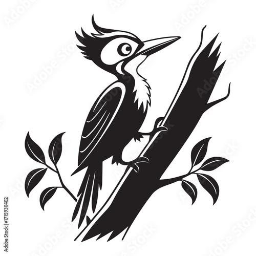 A detailed black and white illustration of a woodpecker perched on a branch, showcasing its distinctive features and natural habitat, isolated on white background