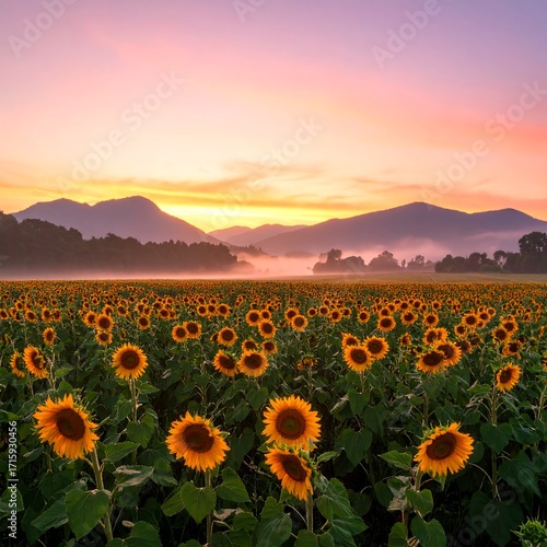 Sunrise over a sunflower field