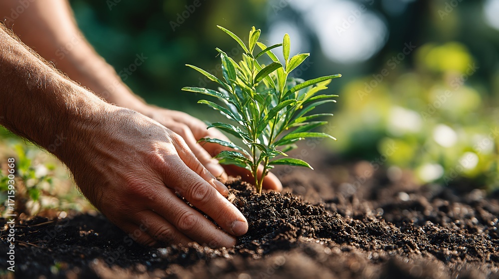 Fototapeta premium Close-up of a person's hands skillfully planting a young tree into fertile soil under bright sun