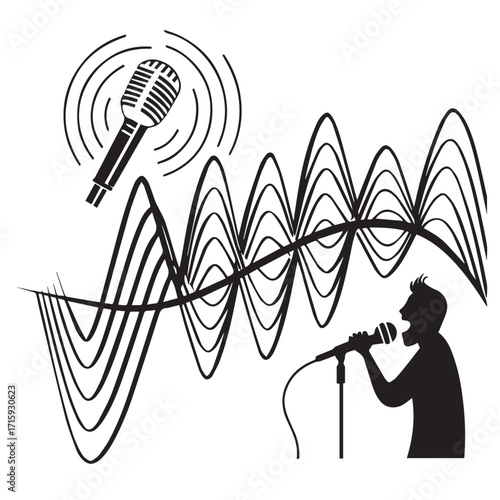 A black and white illustration depicts a person singing into a microphone, with sound waves emanating from both the microphone and the persons mouth, isolated on white background