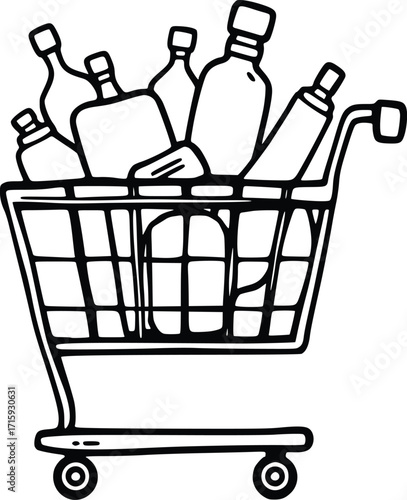 Hand Drawn Shopping Basket with Food and Drinks 