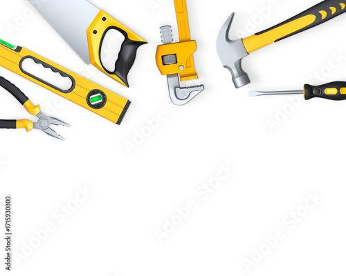 Various hand tools such as saw, screwdriver, hammer, wrench, pliers, and level isolated on white background with clipping path