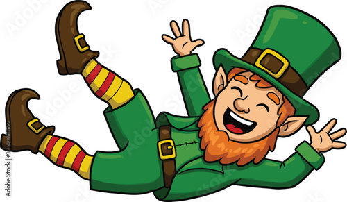 Happy cartoon leprechaun illustration, funny Irish character design, St Patrick’s Day mascot, lucky folklore elf, green costume vector art clipart