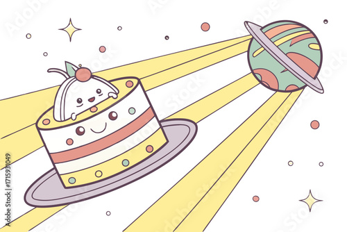 Adorable cartoon character with cherry emerging from a striped multilayered cake.