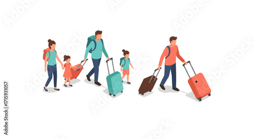 Family travel journey with luggage: isometric illustration of parents and children