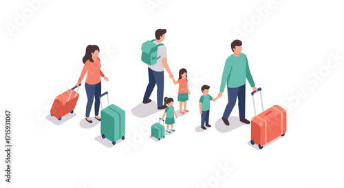 Family traveling together with luggage in isometric style