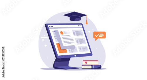 Online learning platform with graduation cap and books in flat design