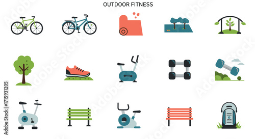 Outdoor exercise icons featuring fitness equipment and nature elements in flat style