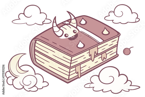 Adorable cartoon monster book with small horns smiling face and unique dripping decorative elements.