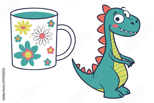 Adorable cartoon teal dinosaur with red spikes and striped belly standing beside a white mug with vibrant floral patterns.