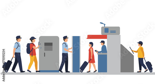People in line at airport security checkpoint with luggage