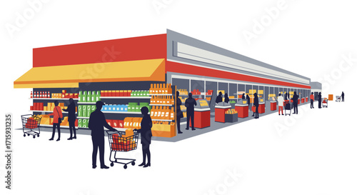 Modern supermarket silhouette scene with shoppers and shelves in flat design