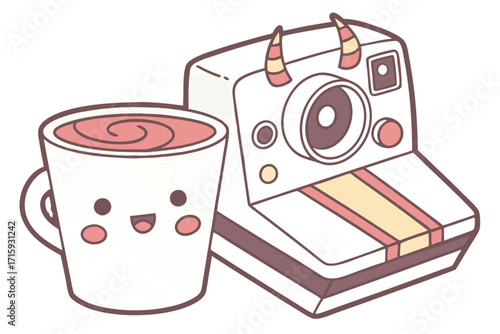 Adorable cartoon mug with happy face alongside a retro instant camera featuring playful striped horns.