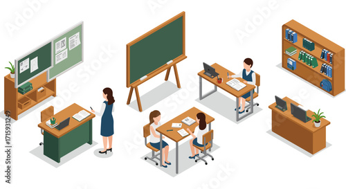 Isometric classroom scene with students and teacher in modern educational setting