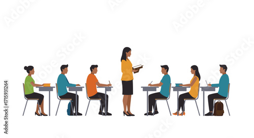 Teacher engaging students in classroom setting with diverse group learning interaction