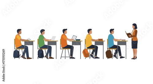 Classroom scene with teacher and students engaged in learning activities
