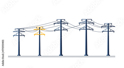 Colorful power lines on telephone poles icon with simplified vector art style