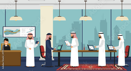 Modern office scene with arab business team collaborating in a contemporary workplace