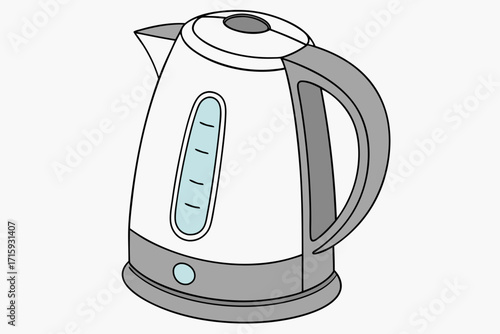 Cartoon electric kettle with grey handle and base white body blue water level indicator.