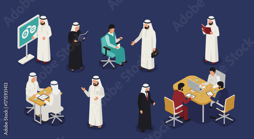 Isometric arab business team meeting and collaboration scenes on dark background